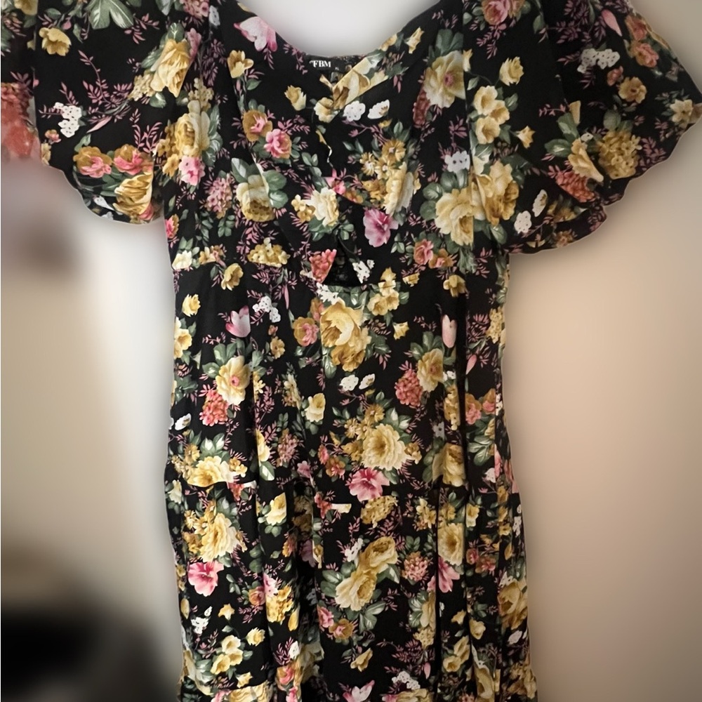 Floral Black Dress with Puff Sleeves